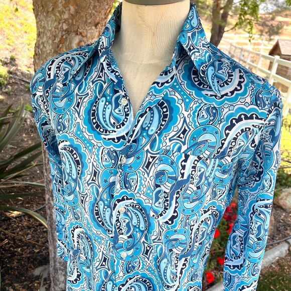 70's Funky Print Shirt - Size Large - Blues Hues - Brand Jonathan Hill Design - Picture 9 of 10